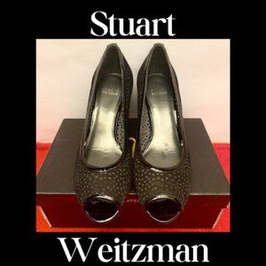 Stuart Weitzman Black Perforated Peep Toe Wedge Pumps Size 8